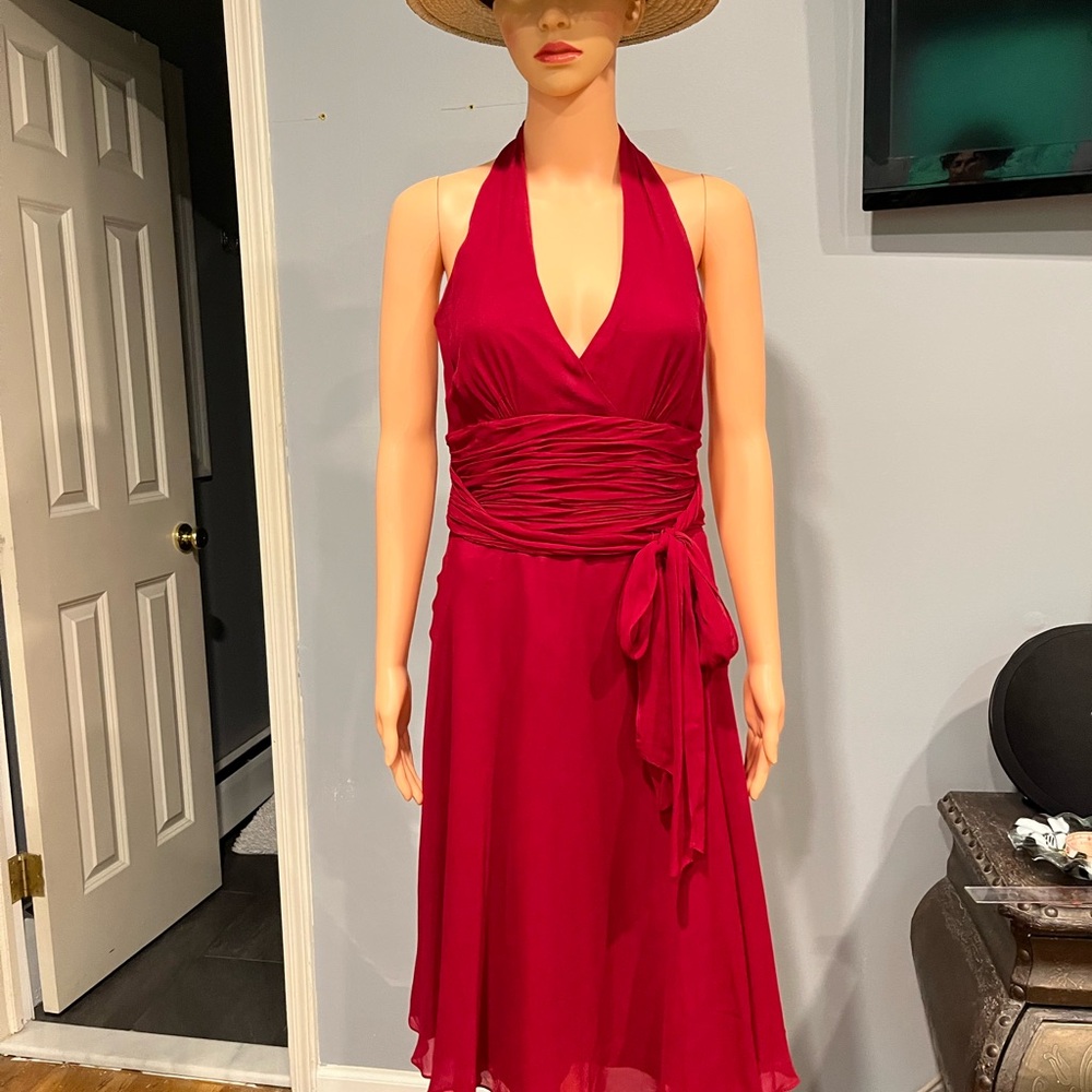 Maggy London Red Ruched Tie Front Halter Sundress